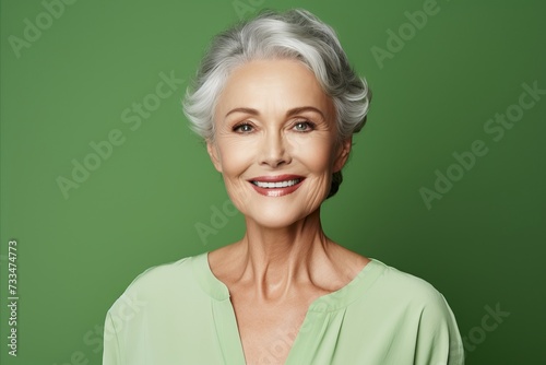 Happy senior woman with grey hair over green background. Looking at camera.