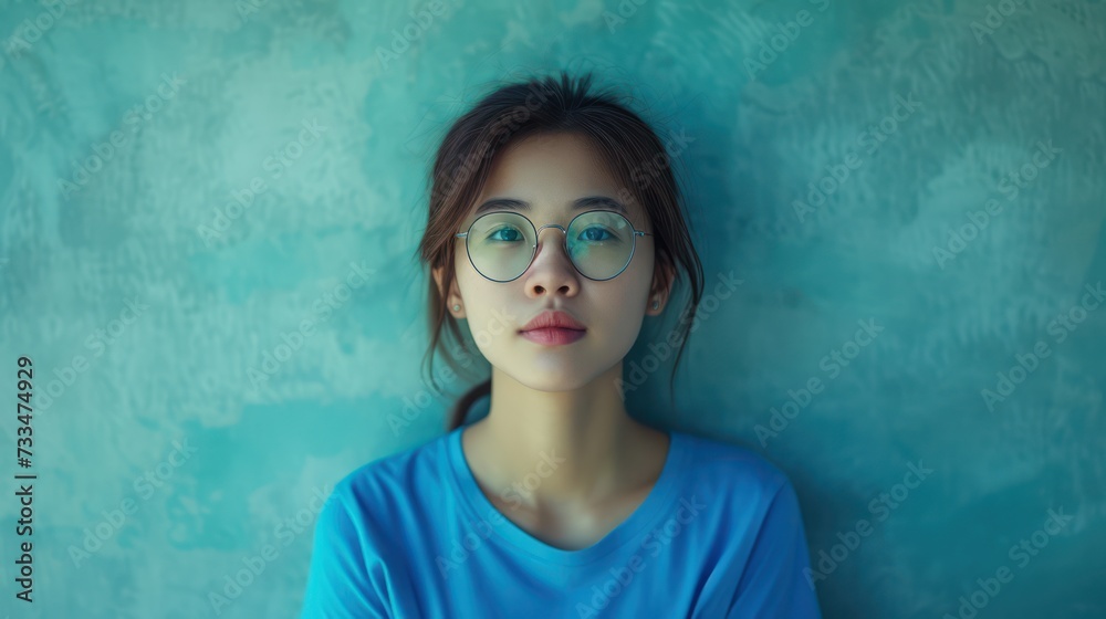 Attractive asian woman wearing blue tshirt and glasses - obrazy, fototapety, plakaty 