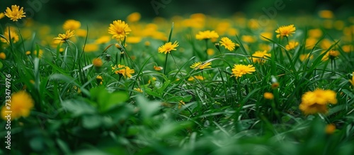 Vibrant Closeup of Yellow Dandeli Flowers amidst Lush Green Grass