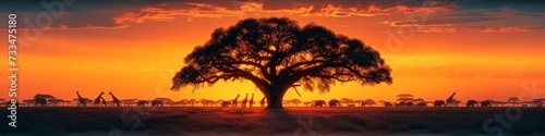 African Tree Silhouette with Fiery Sunset and Wildlife
