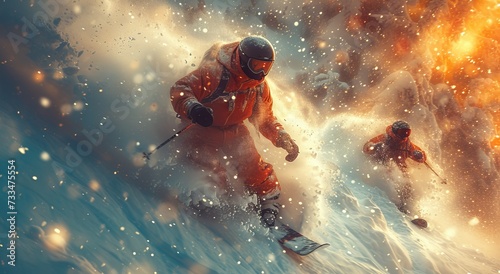 A lone skier braves the cosmic winds as they glide through a vibrant nebula, their graceful movements a mesmerizing dance between earth and space