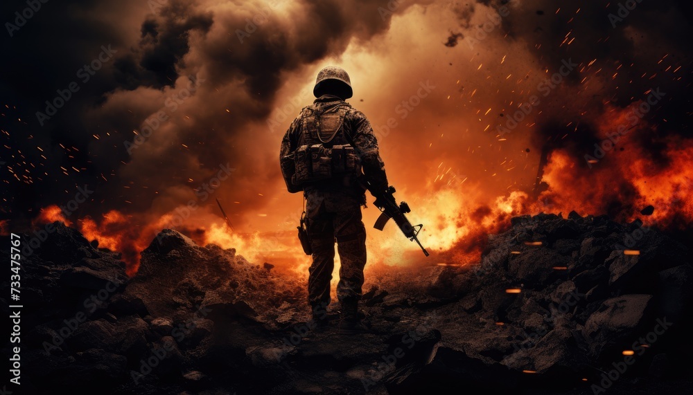 Soldier in a dark and dramatic scene with rifles and explosions hd wallpaper Soldier in a dark and dramatic scene with rifles and explosions hd wallpaper