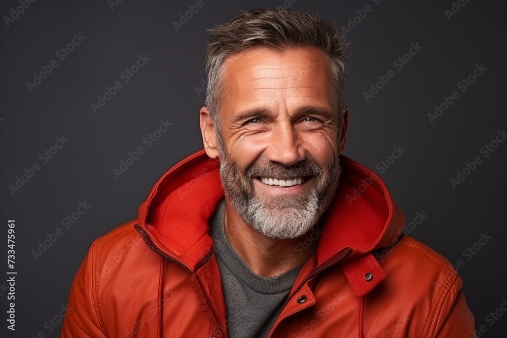 Portrait of a handsome mature man with a beard wearing a red jacket.