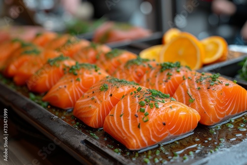 An elegant display of fresh salmon, accented with citrus and herbs, showcases the delicate and refined nature of japanese cuisine