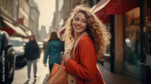 Happy smiling woman is walking down the street with bags while shopping