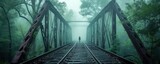 forest railroad bridge with a solitary woman walking, setting a serene yet haunting scene amidst the ethereal surroundings.