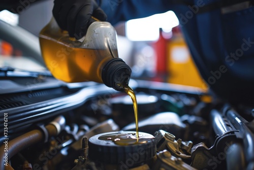 Caucasian mechanic changing car engine oil.