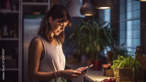 Young girl in the kitchen looking at her phone checking a recipe for cooking