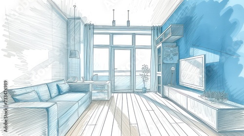 Sketch and Blueprint  bright interior of a new apartment  hand drawn illustration