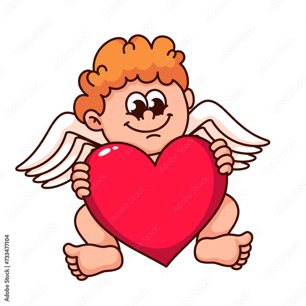 Child angel with heart, sitting. Groovy cartoon character, smiling, holding present. Funny sticker cupid mascot of Valentine's Day, vector illustration. Child angel with heart, sitting. Groovy cartoon character, smiling, holding present. Funny sticker cupid mascot of Valentine's Day, vector illustration.