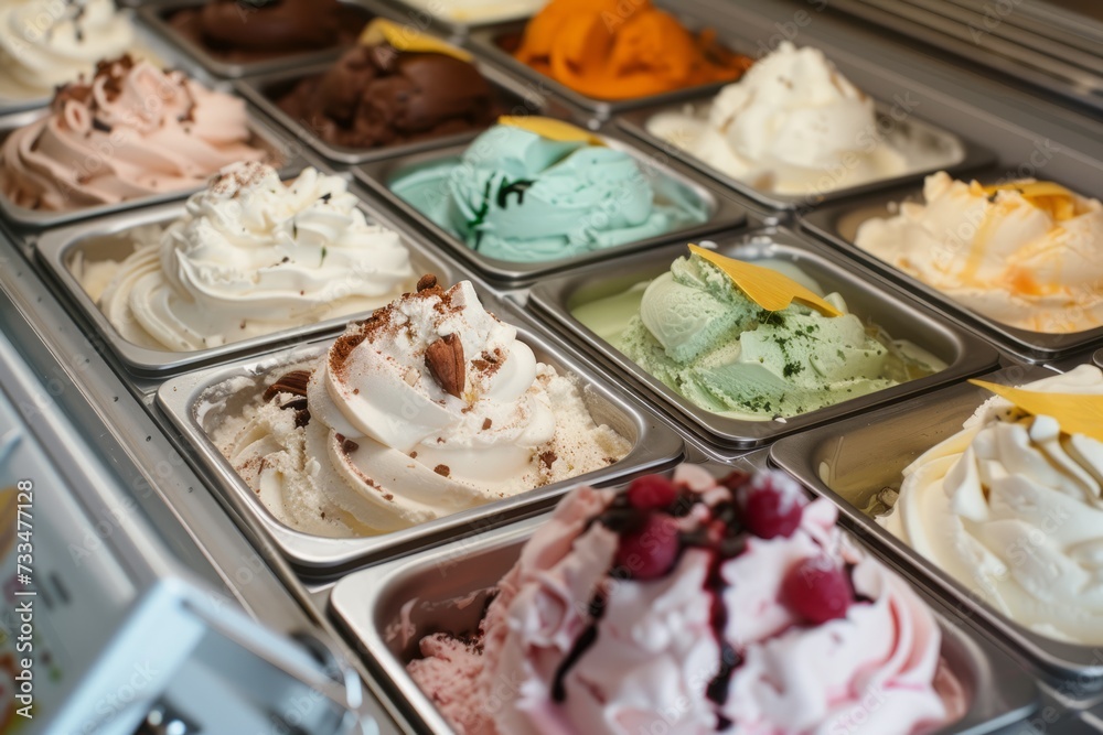 Classic Italian gourmet gelato ice cream in a shop,close up Classic Italian gourmet gelato ice cream in a shop,close up