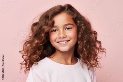 Portrait of a cute little girl with curly hair on a pink background