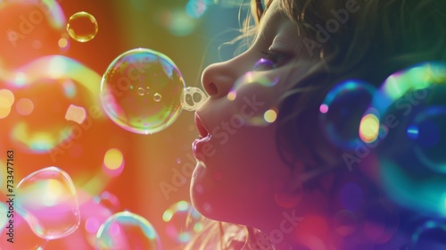 Excited Child Blowing Bubbles with Colorful Background AI Generated. photo