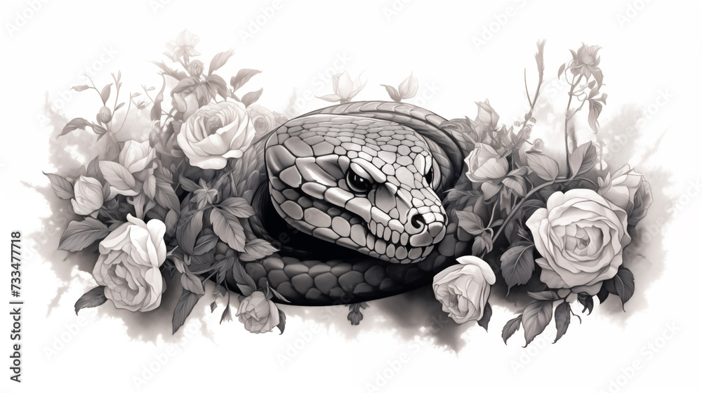 Drawing for a tattoo, roses, snake and monster skeleton. Black and