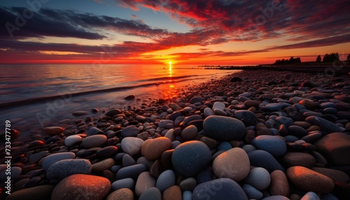 Sunset view on the beach full of pebbles