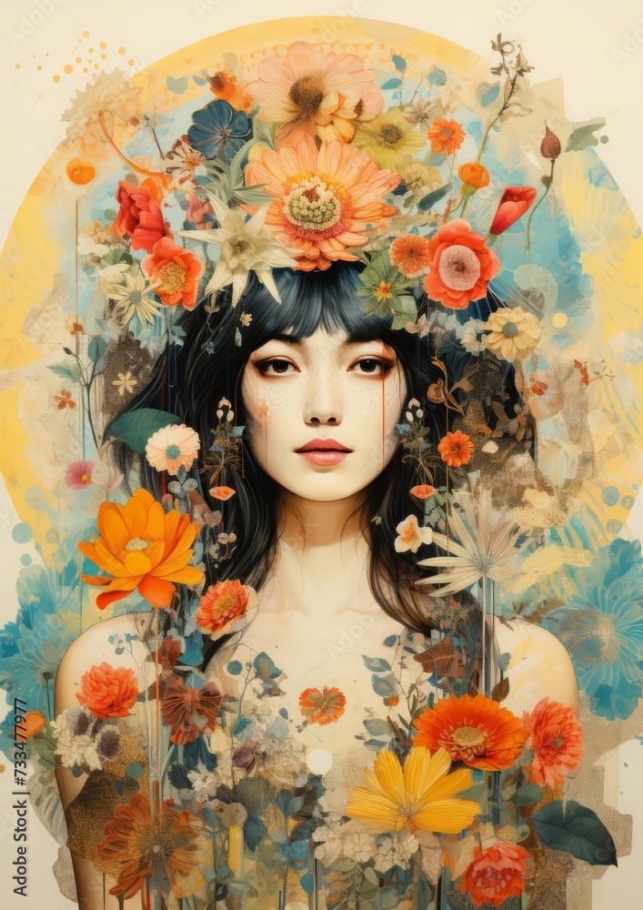 Illustration of a woman, Floral wreath symbolizing strength. Style of vintage paper book. 8 March International Womens day poster wallpaper.