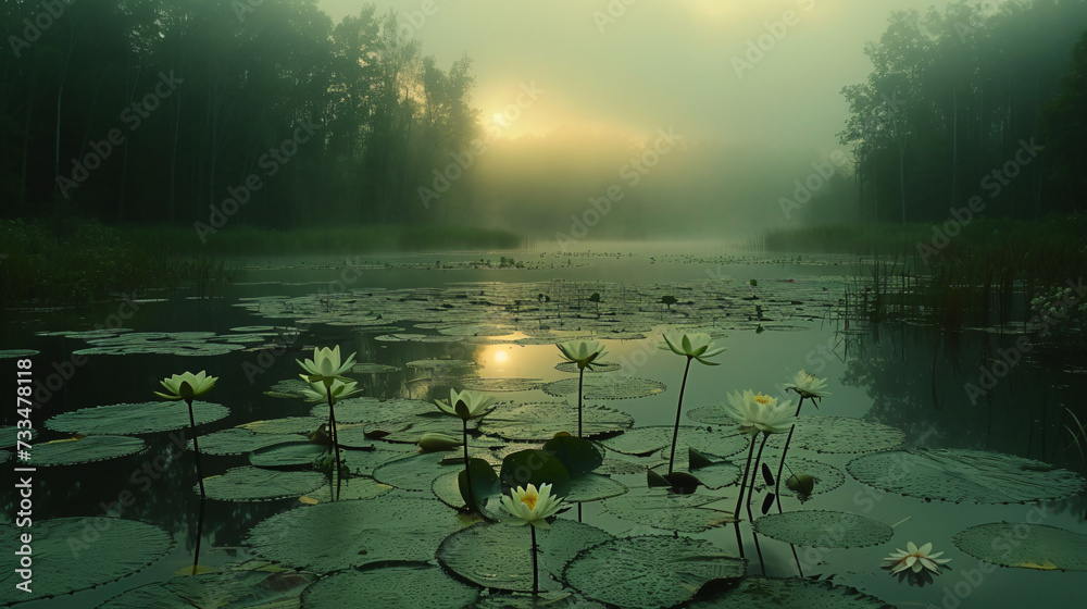 Morning mist over the river. Lily pads are seen on the calm surface of a scenic river.