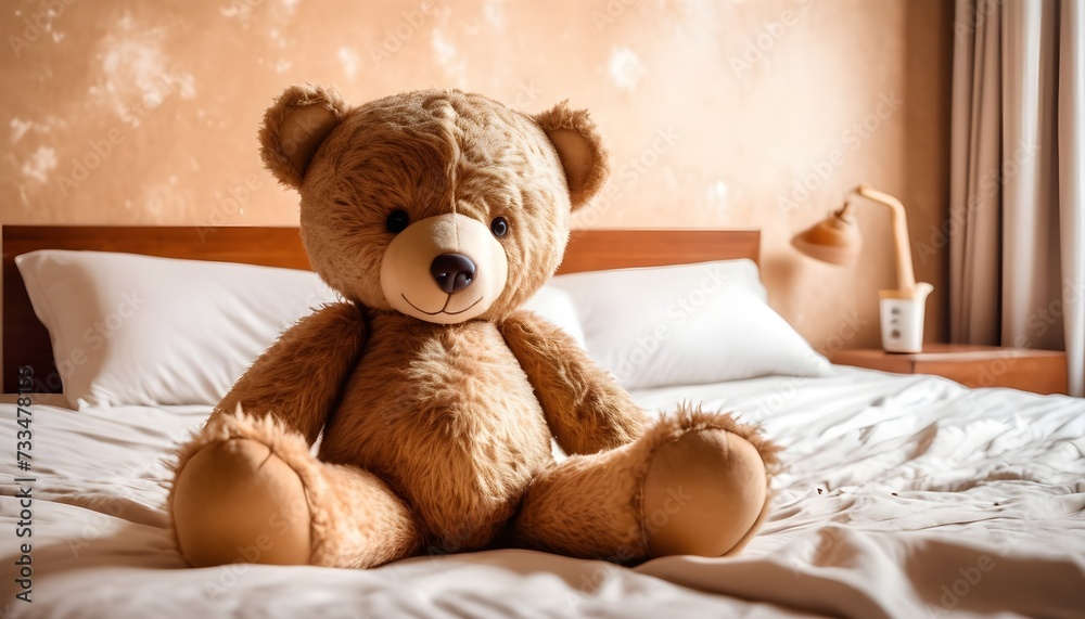 Teddy bear on a bed, warm colors