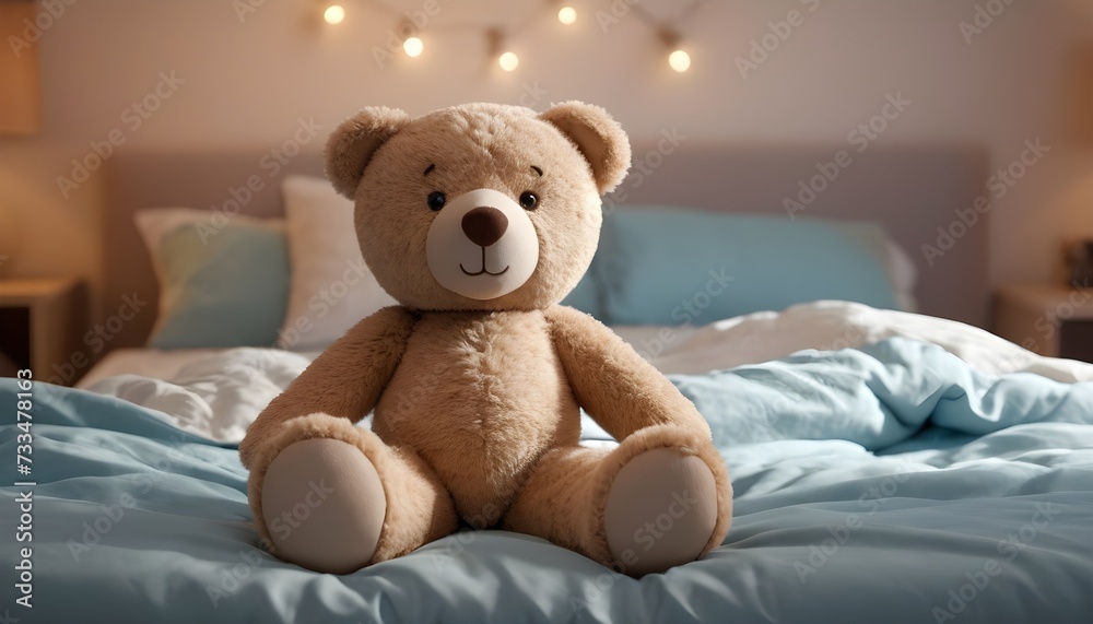Teddy bear on a azure bed, lights on the wall in the bacground