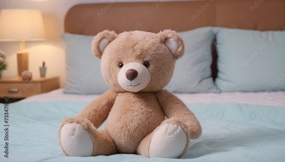 Happy teddy bear on a bed, warm colors bedroom