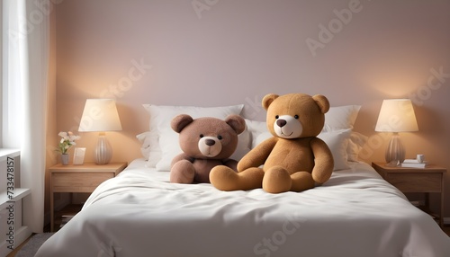 Two teddy bears, one biger, one chunky and darker, on a bed