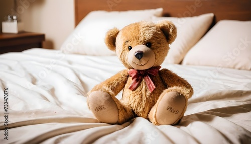 Happy teddy bear with a red ribbon on a bed