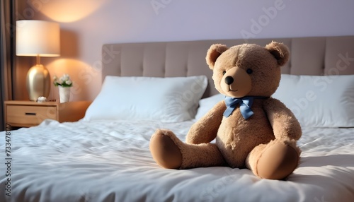 Blue ribbon Teddy bear on a modern white bed