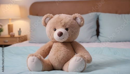 Happy teddy bear on a bed, warm colors bedroom
