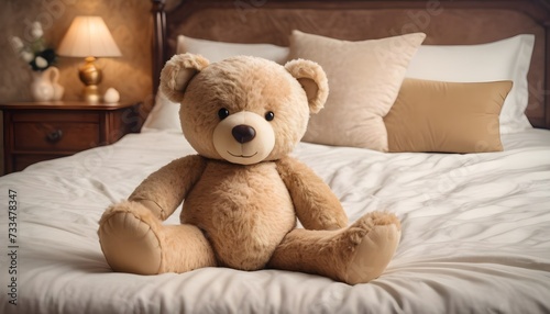 Teddy bear on a wood bed, a lamp in the background