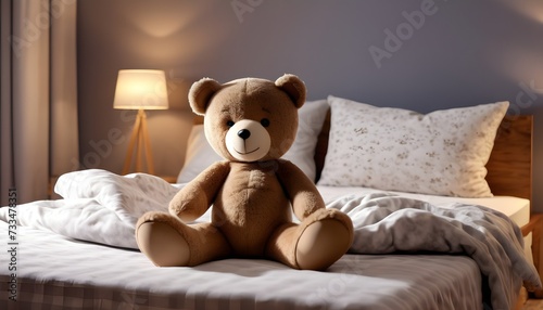 Happy teddy bear on a bed in a warm bedroom