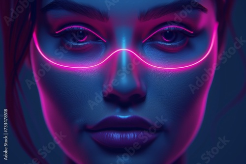 A captivating portrait of a woman adorned with vibrant neon lights, creating a mesmerizing contrast between darkness and colorful self-expression