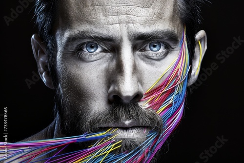 A captivating portrait of a bearded man adorned with vibrant wires, exuding a sense of uniqueness and individuality through his colorful facial accessories