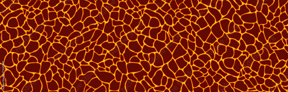 Magma or volcanic lava texture background, horizontal banner. Flat vector illustration