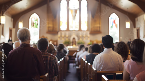 A photo of a church service on Easter Sunday, with the congregation singing hymns and celebrating the resurrection of Jesus. photo