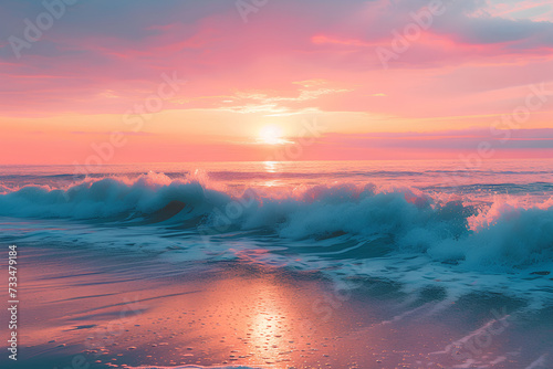 Beautiful sunset and warm waves of the sea. Summer evening on the beach. The concept of rest, vacation and summer enjoyment