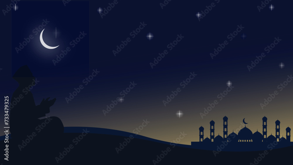 The background scene of the moon and stars is accompanied by silhouettes of people praying and a mosque. Background for banners, banners, billboards and others.