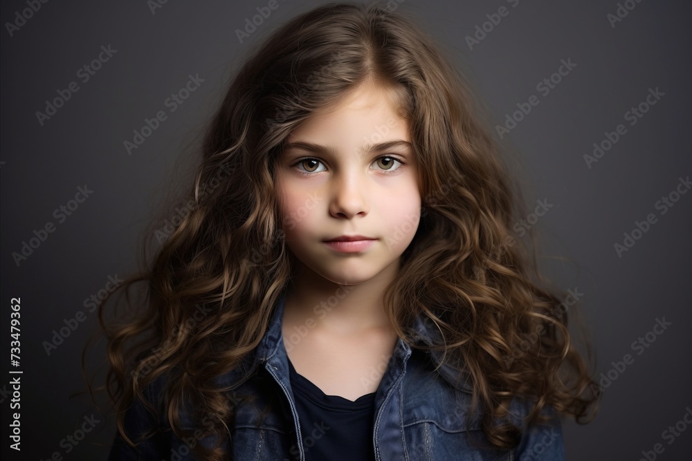 Portrait of a cute little girl with long curly hair. Studio shot.