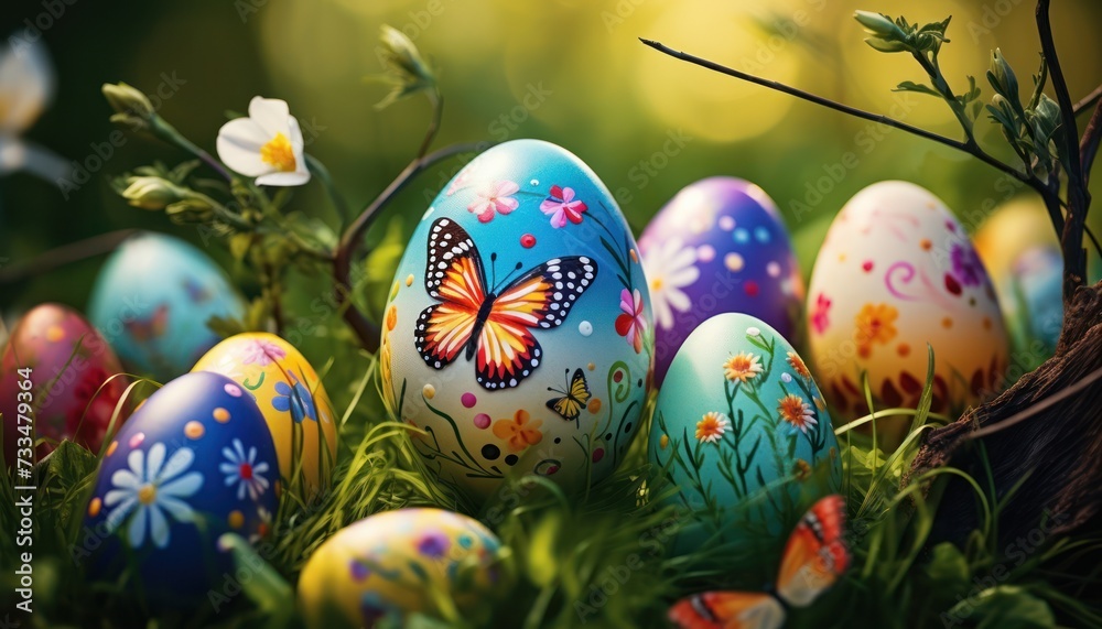 Various Easter eggs with spring pattern theme and spring flowers in Green Grass background Various Easter eggs with spring pattern theme and spring flowers in Green Grass background