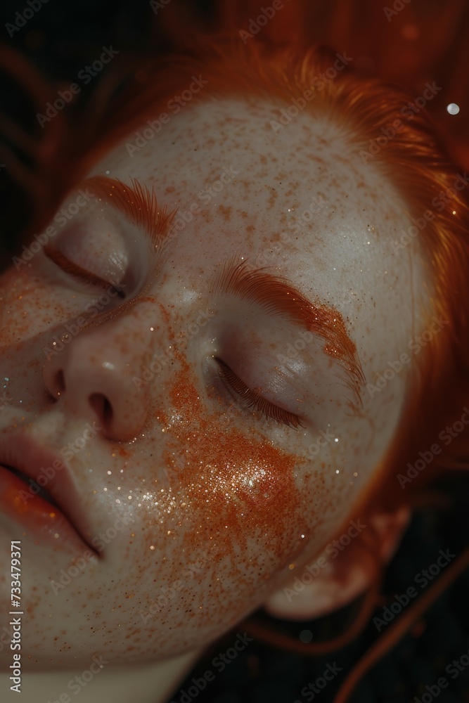 Obraz premium A fiery human face adorned with sparkling orange glitter, showcasing a striking portrait that captures the essence of beauty and uniqueness