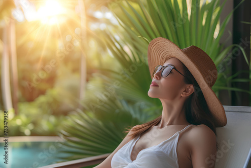 A woman indulges in relaxation on a lavish sunbed nestled beneath a swaying palm tree, basking in the tranquil ambiance of a tropical beachside setting adjacent to a shimmering swimming pool. © Uliana