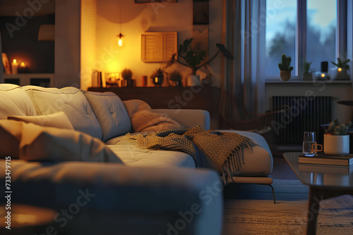 warm and inviting living room with soft lighting, comfortable furniture, and subtle decor. Capture the essence of coziness and relaxation © Uliana