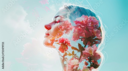 Portrait of a Young Woman Embracing Nature's Beauty in Double Exposure AI Generated.