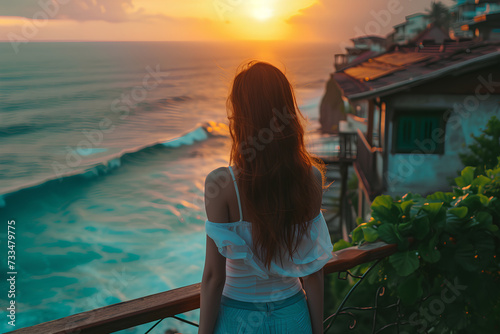 The girl is standing on a terraced house by the sea, enjoy morning freshaThe girl is standing on a terraced house by the sea, enjoy morning fresha air with ocean view 

air with ocean view 

 photo