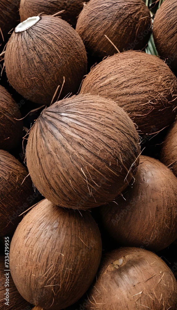 A close-up view of a group of ripe, vivid Coconut with a deep, textured detail. A close-up view of a group of ripe, vivid Coconut with a deep, textured detail.