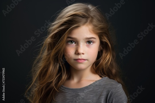 Portrait of a beautiful little girl with long hair on a dark background.