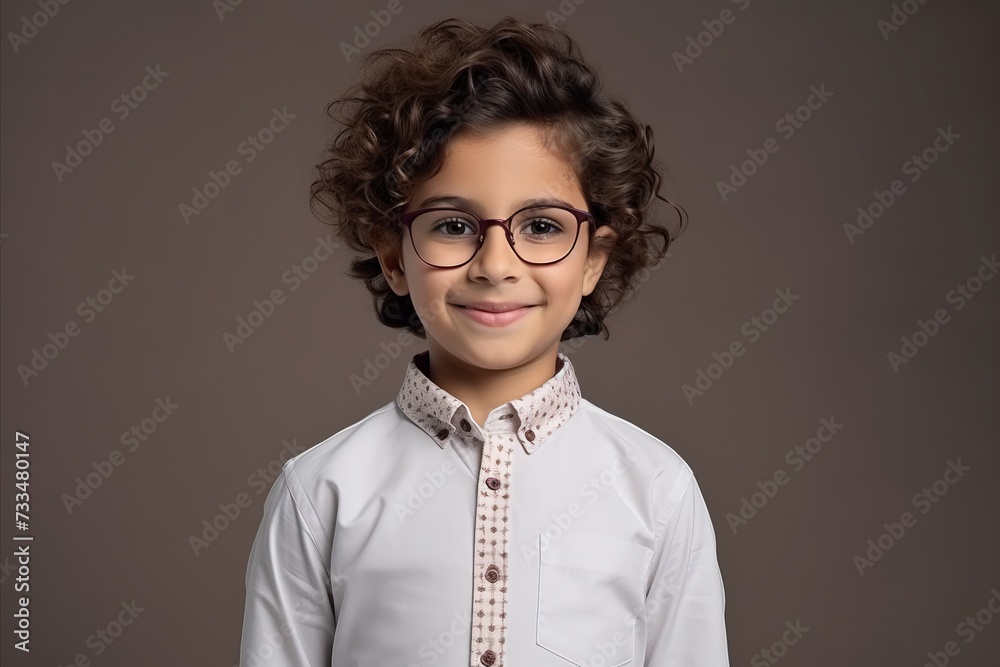 Portrait of a little boy with curly hair wearing eyeglasses