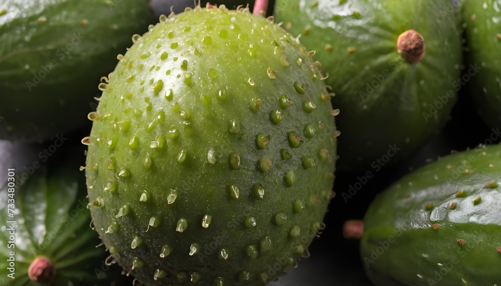 A close-up view of a group of ripe, vivid Feijoa with a deep, textured detail.
