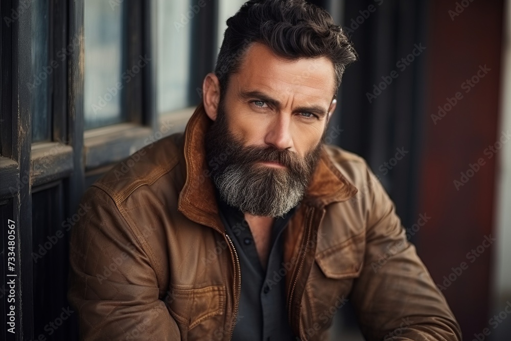 Portrait of a handsome man with a beard and mustache wearing a brown leather jacket Portrait of a handsome man with a beard and mustache wearing a brown leather jacket