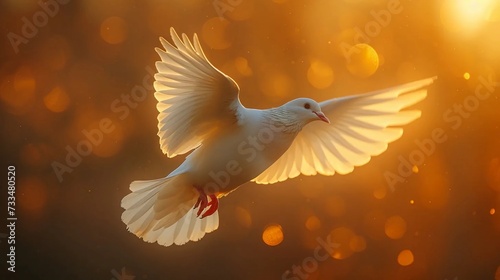 White dove against the golden sky, religious background