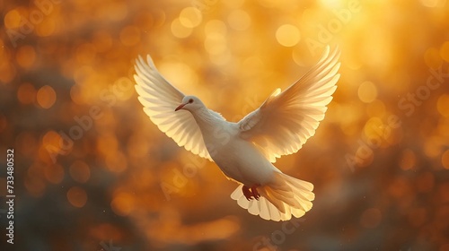 White dove against the golden sky, religious background